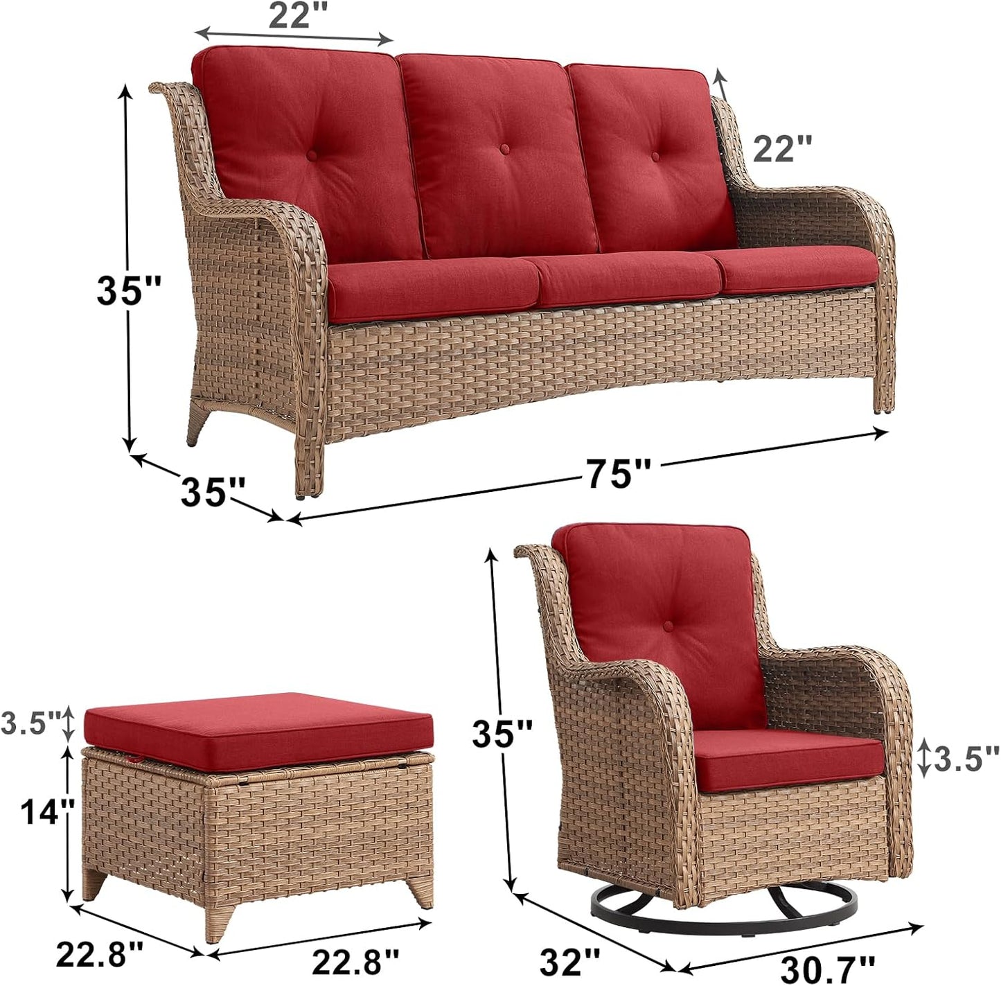 Outdoor Wicker Patio Furniture Set - 5 Piece Rattan Patio Conversation Set with 2 Rocking Swivel Chairs,2 Ottomans and 1 Sofa for Porch Deck Backyard Garden(Yellow/Red)