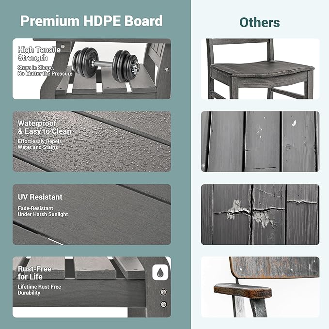 Pamapic 5-Piece Outdoor Dining Set, HDPE Outdoor Rectangular Table and 4 Chairs, Wood Grain Patio Furniture Sets with Armrest, All-Weather Patio Dining Table with Umbrella Hole, Gray