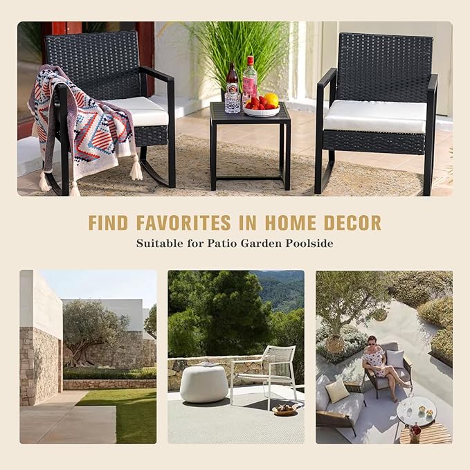 WWR 3 Pieces Outdoor Patio Furniture Set Rocking Wicker Rattan Chair Set Patio Bistro Conversation Set 3 Pcs with Coffee Table for Yard & Bistro (Sand)