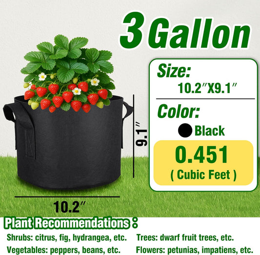 PHYEX 12-Pack 3 Gallon Grow Bags, Heavy Duty Fabric Pots with Handles, Reusable Plant Bags for Vegetable, Herbs & Flowers, BPA-Free, Breathable, Durable