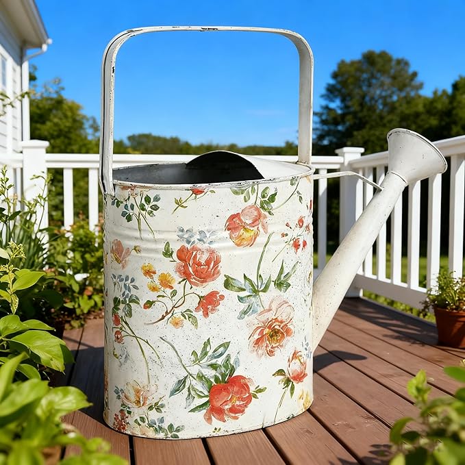 Vintage Floral Metal Watering Can, Decorative Watering Pot for Indoor Outdoor Plants, Shabby Chic Garden Watering Tool with Long Spout, Rustic Home Patio Decor