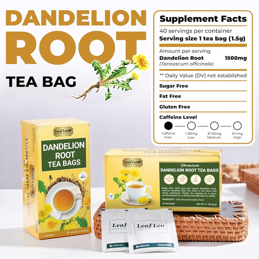 LeafLea Dandelion Root Tea Bags, 160 Dandelion Tea Bags Promotes Healthy Digestion & Immune Function, Herbal Tea from Pure Roasted Dandelion Root, Caffeine-Free, Vegan, Gluten-Free, No Sugar, 4 Pack