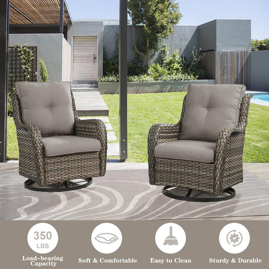 Wicker Outdoor Furniture Patio Furniture Set - 6 Piece Patio Conversation Set with Swivel Rocker Chairs, Loveseat Sofa, Ottomans and Coffee Table, Gray Cushion