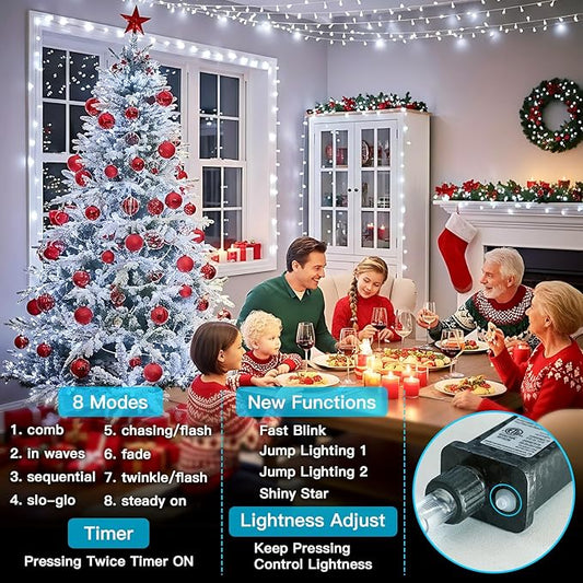 suddus 33ft 100 LED White String Lights with Timer, 12 Modes Christmas Fairy Lights Plug in, Connectable Indoor/Outdoor White Twinkle Lights for Xmas Tree, Bedroom, Garden, Wedding, Party Decorations