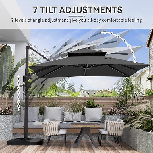 10' X 10' Cantilever Patio Umbrella Outdoor Heavy Duty Double Top Windproof Square Offset Umbrellas with 360-degree Rotation for Pool Deck Backyard, Grey
