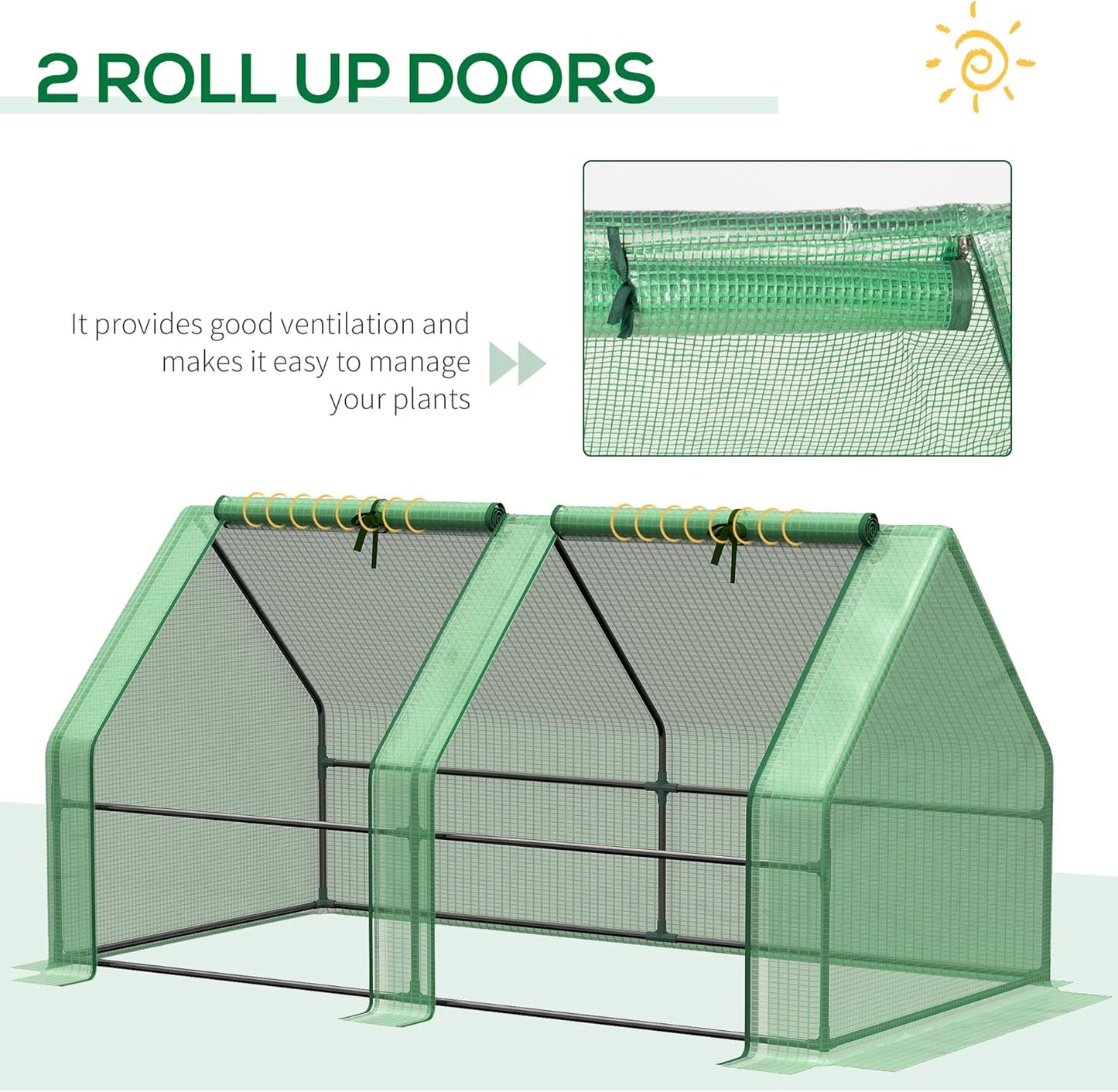 Outsunny 6' x 3' x 3' Mini Greenhouse with Zippered Doors & Roll-up Windows, Portable Plant Hot House with Durable PE Cover, Water Resistant, UV Protected for Outdoor Flowers, Vegetables, Green