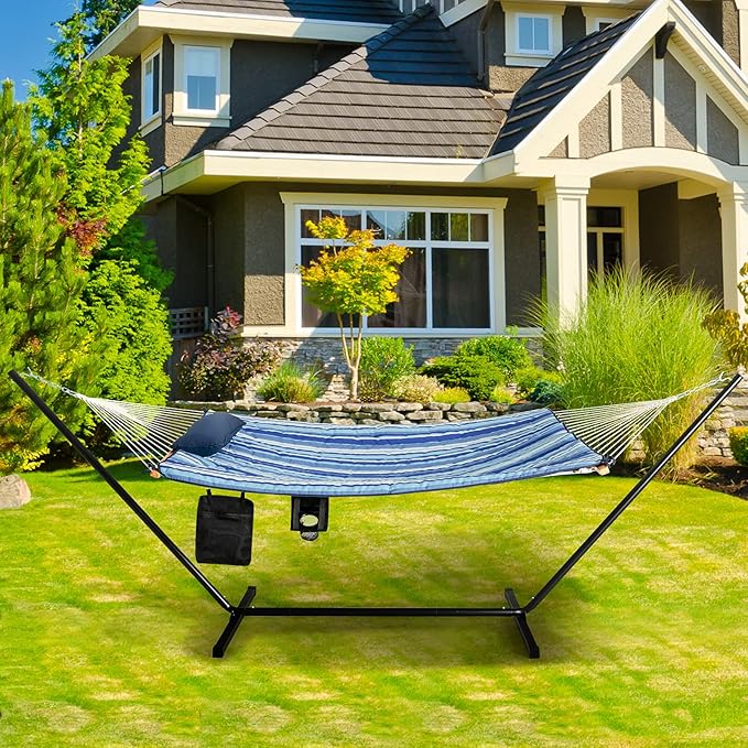 S AFSTAR 2 Person Hammock with Stand Included, Double Portable Hammocks with Cotton Mat, Pillow, Cup Holder, 450 LBS Load Capacity, Free Standing Hammock for Outside Patio Porch Backyard (Blue Stripe)
