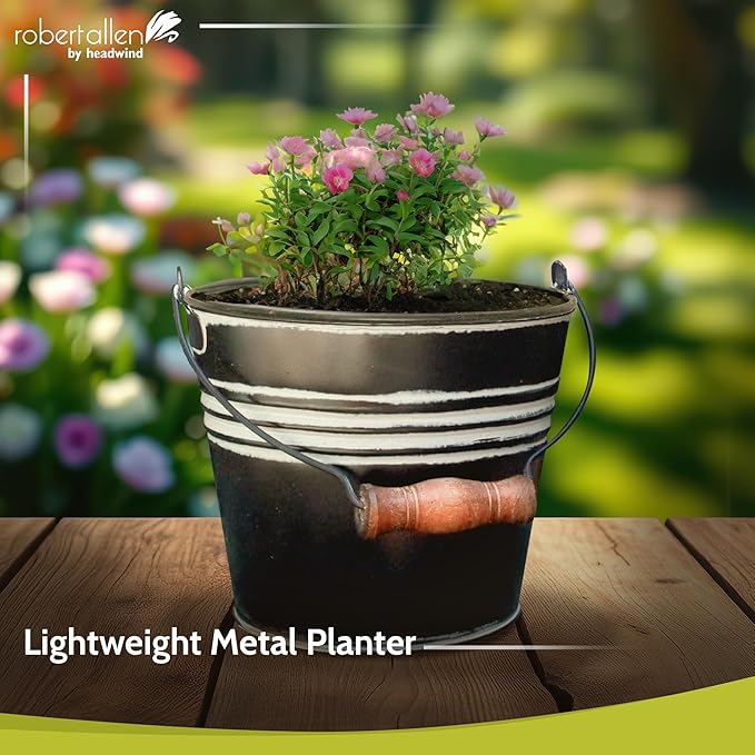 Headwind Vintage Collection - 6 Inch Charcoal Banded Planter with Handles – Galvanized Bucket Planter - Decorative Small Planters for Indoor Plants & Outdoor Use by Robert Allen
