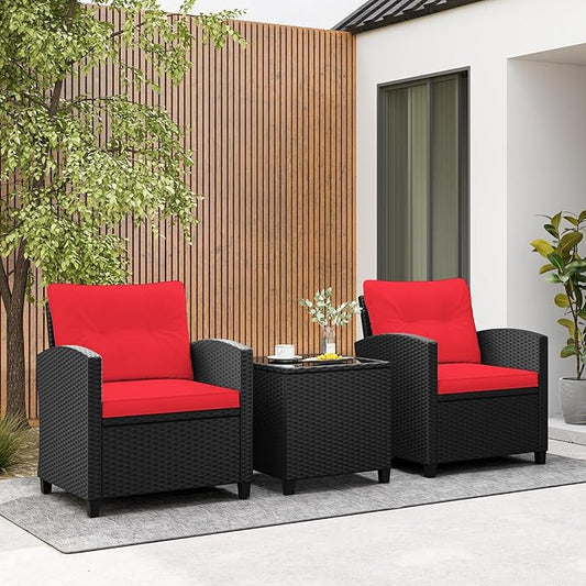 RELAX4LIFE 3-Piece Patio Furniture Set - Wicker Rattan Bistro Sofa Set w/Glass Top Coffee Table, Washable Cushions for Porch Balcony Backyard Poolside, Outdoor Furniture Conversation Set (Red)