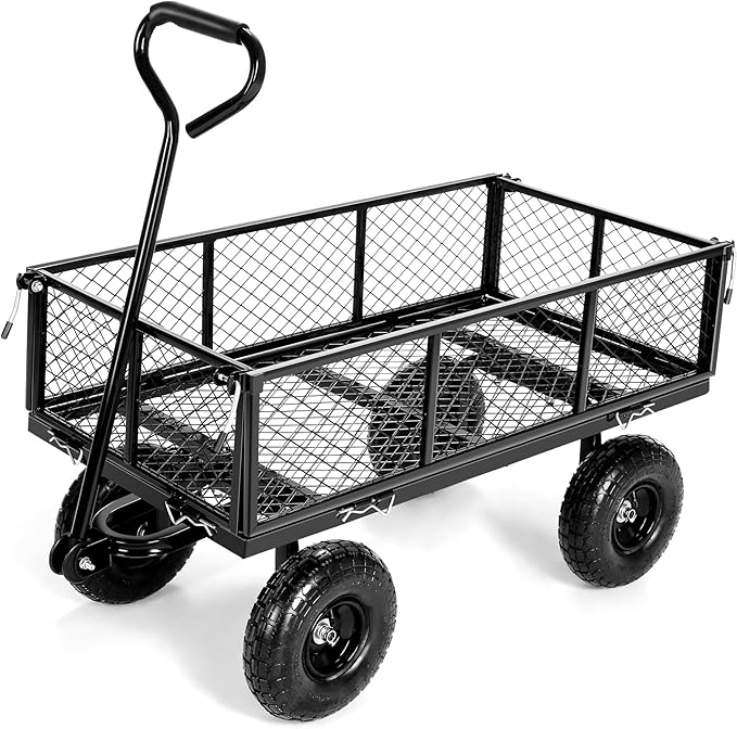 Homdox 880LB Heavy Duty Garden Cart on Wheels, Professional Utility Wagon with 180° Rotating Handle, Foldable Mesh Sides for Landscaping, Yard Work, Farming, Camping & Outdoor Projects