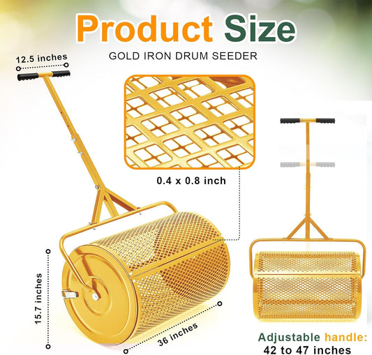 Hiboom 24 Inch Compost Spreader, Peat Moss Spreader, Manure Roller with Adjustable T Shaped Handle, Lightweight Metal Mesh for Lawn Garden Spreading Manure Topsoil (Gold)