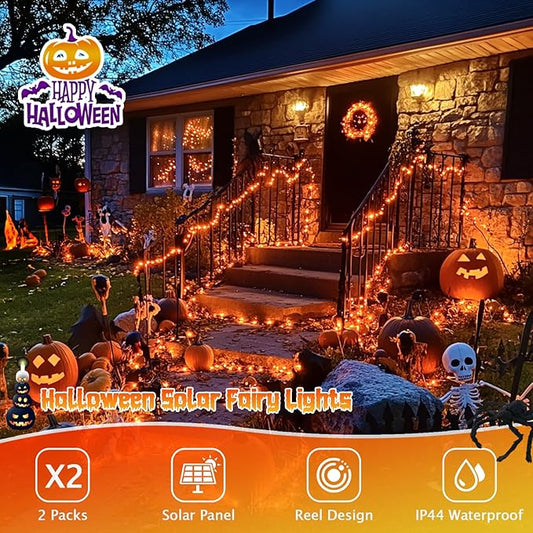 JMEXSUSS 4 Pack Solar Halloween Lights, Total 400 LED 132 FT Orange Solar Lights Outdoor Waterproof, 8 Modes Copper Wire Solar Fairy String Lights for Garden Yard Tree Halloween Decor