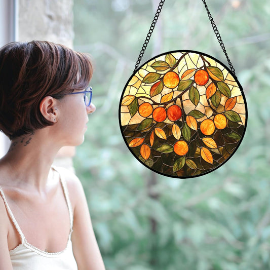 Stained Glass Suncatcher, Orange Green Fruit Tree Sun Catcher Landscape Stain Glass Window Hanging Decoration Mother's Day Birthday Gifts for Women Men Mom Nana 11.8 in
