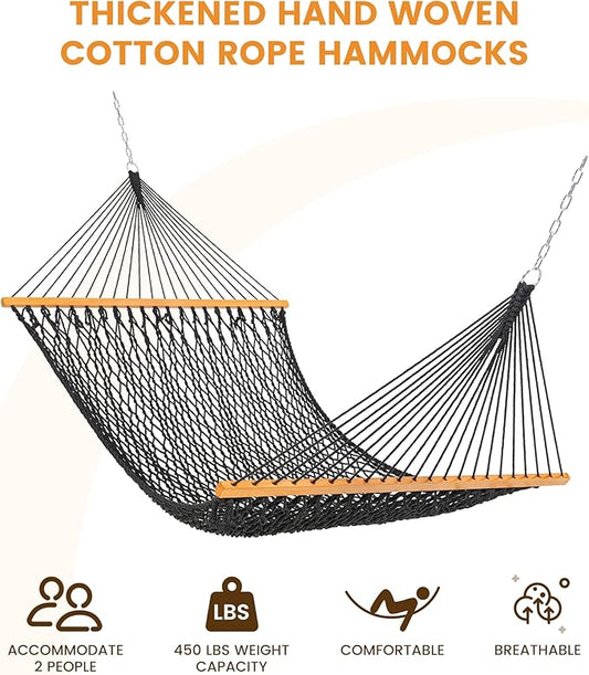 Lazy Daze Hammocks Double Rope Hammock, 2 Person Traditional Outdoor Hand Woven Cotton Rope Hammock with Spreader Bar, Chains, Tree Straps for Patio Yard - Max 450 Lbs, Dark Grey