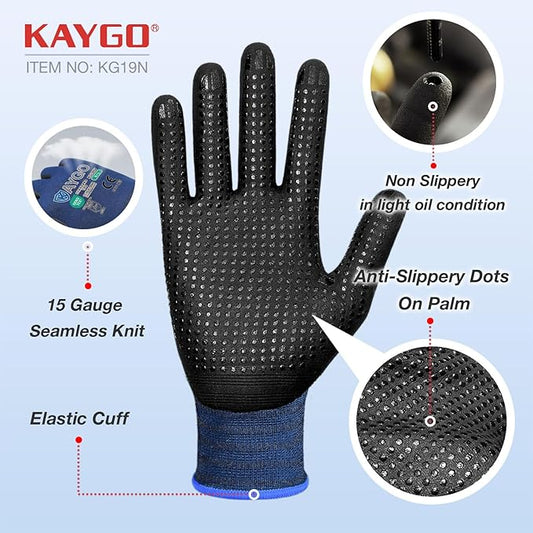 KAYGO MicroFoam Nitrile Coated Work Gloves, 12 Pairs KG19N Seamless Knit Nylon, Micro Dots for Enhanced Grip, Breathable and Durable, Ideal for Automotive, General Assembly, Painting, Blue, XL