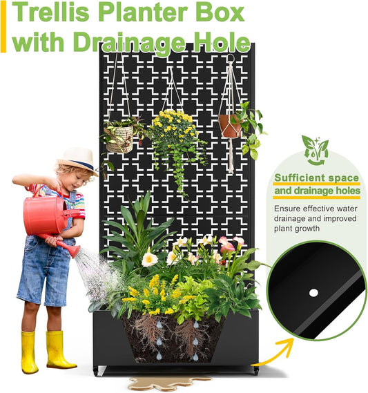 FENCY Metal Raised Garden Bed with Wheels and Trellis,73"x35"x16" Planter Box for Climbing Plants, Vegetables & Vines, Features Privacy Screen and Drainage Holes (Black-Square)
