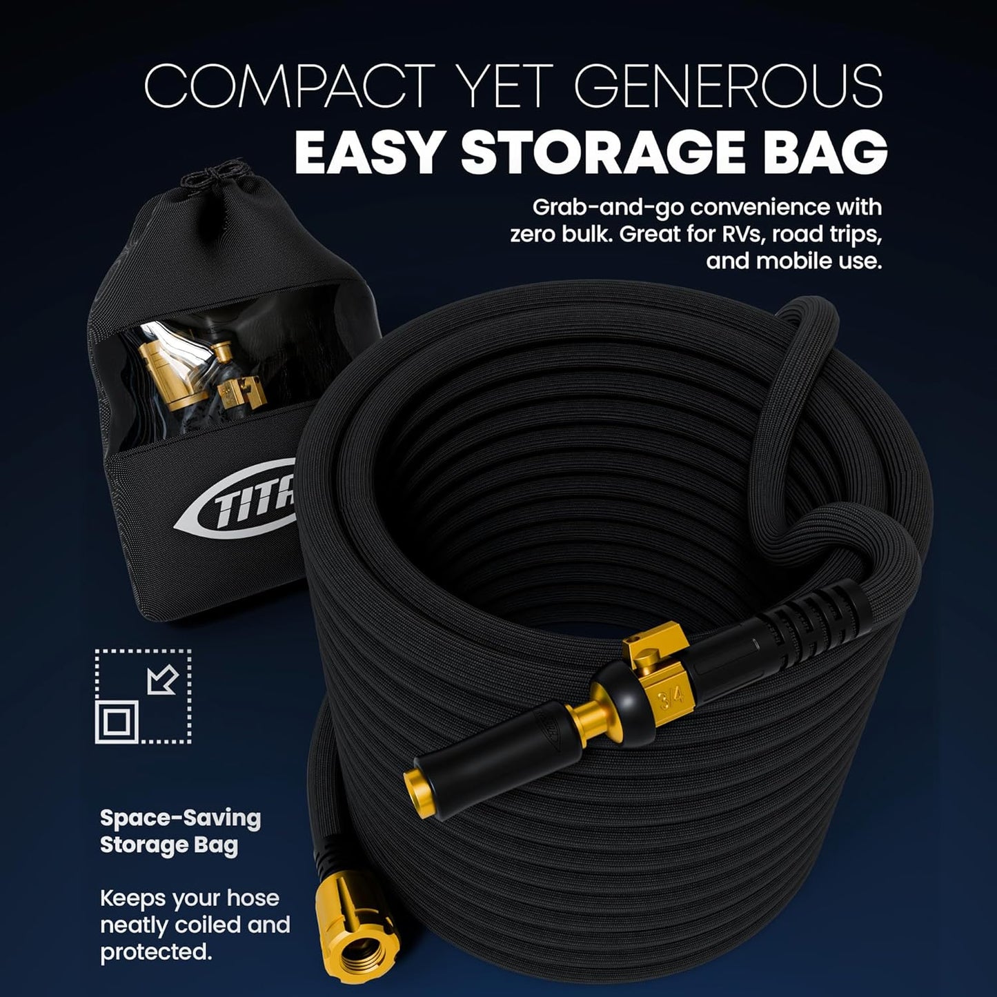 TITAN Flexible Garden Hose 25FT – Ultra Lightweight, Heavy Duty Water Hose with Brass Fittings & Jet Nozzle – Kink-Free, Non-Expanding, Durable Fabric Hose for Yard, Lawn, Car Wash, Outdoor Use