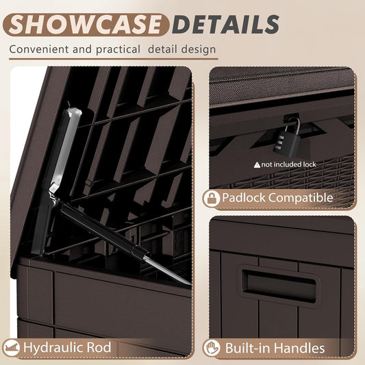 Devoko 100 Gallon Deck Box, Waterproof Resin Outdoor Storage Box with Cushion for Outside and Patio, Large Outdoor Storage Bench Cabinet Lockable for Patio Furniture and Garden Tools (Deep Brown)