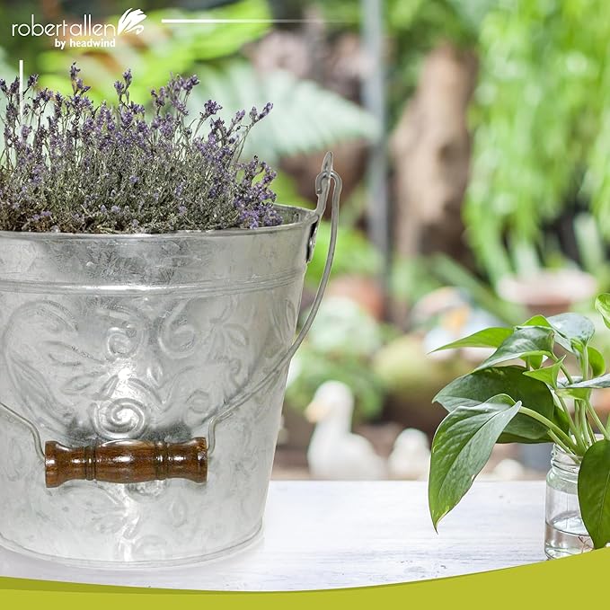 Headwind Vintage Collection - Floral Galvanized Planter with Handles – 8 Inch Medium Flower Pots Decorative Plant Indoor – Plant Pots Indoor with Drainage by Robert Allen