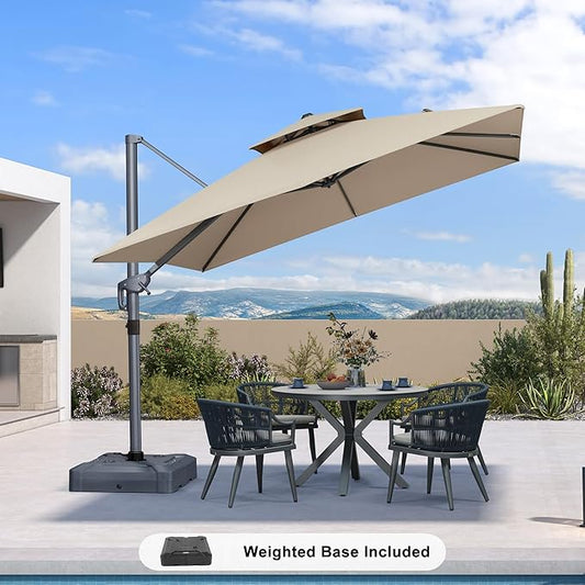 PURPLE LEAF 10 FT Cantilever Patio Umbrella Outdoor Umbrella with 220lbs Base Large Square Windproof Offset Umbrella for Pool Deck Garden, Sand Dune
