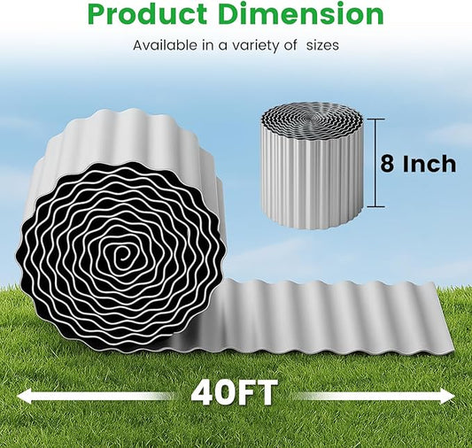 Bonviee 8” x 40’ Metal Landscape Edging Border Kit, Corrugated Garden Edging for Flower Bed, Lawn, Walkways, No Dig Paver Edging for Landscaping, Durable Garden Border Edging (Silver, 8In x 40Ft)