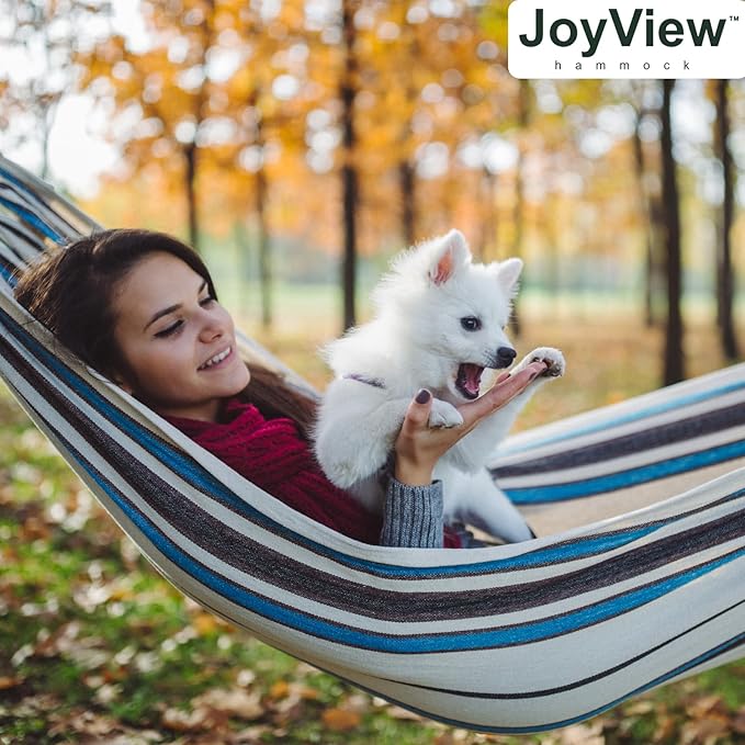 JoyView Brazilian Double Hammock with Hanging Ropes Extra Large 86.6x59” Portable Cotton Hammock for Patio Backyard Porch 450LBS Weight Capacity Perfect for Outdoor/Indoor - Blue Stripe