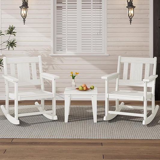 SERWALL Outdoor Rocking Bistro Set, HDPE Patio Furniture Set, Porch Rocking Chair Set with Table for Backyard, Balcony, and Garden- White
