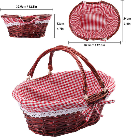 2 Pack 12.6 Inch Brown Wicker Basket with Checkered Lining, Oval Wicker Woven Basket with Handle, Willow Woven Picnic Baskets for Picnic, Camping, Party(Small)