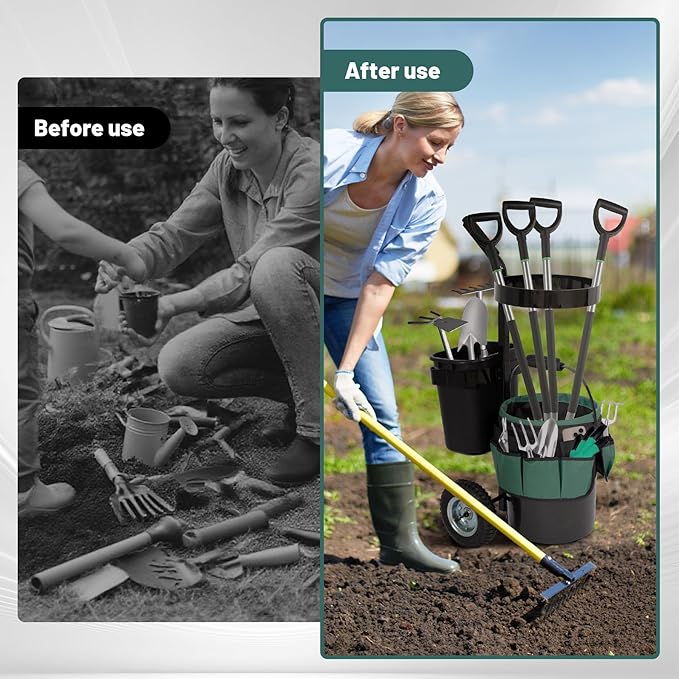 biosp Garden Carts, Heavy Duty Rolling Lawn Yard Mobile Gardening Trolley, Wheeled Outdoor Metal Utility Beach Wagon with 5 Gallon Bucket Oxford Bag Tool Organizer Storage