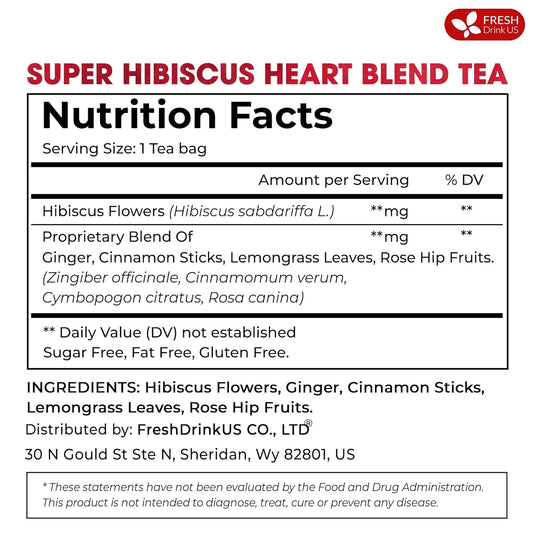 FreshDrinkUS, 60 Tea Bags Super Hibiscus Heart Blend– Herbal Tea with Hibiscus Flower, Ginger, Cinnamon Stick, Lemongrass & Rose Hip – Naturally Caffeine-Free, Sugar-Free, Vegan