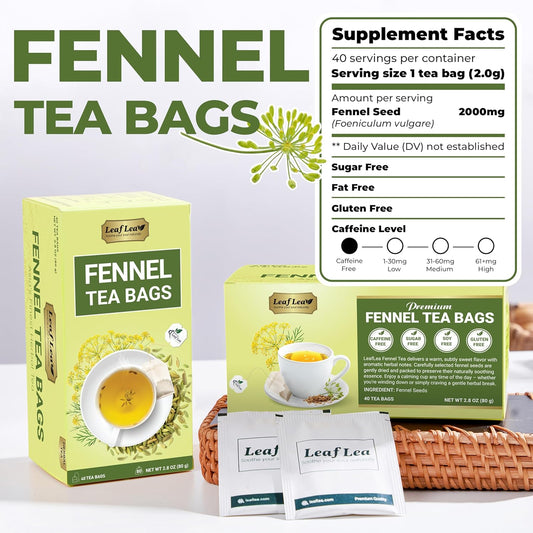 LeafLea 40 Fennel Tea Bags, 100% Natural & Pure Fennel Seed Tea, Gentle Digestion & Fresh Breath, Mild Sweet Finish, Caffeine-Free, Sugar-Free, Vegan, Non-GMO, Individually Wrapped