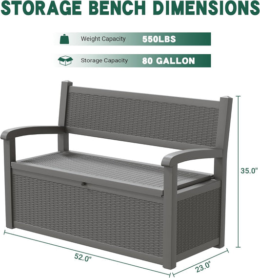 80 Gallon Outdoor Storage Box, Resin Patio Furniture with Armrest, Lockable Deck Box with Waterproof and UV Resistant for Patio Cushions, Garden Tools and Pool Supplies, Grey