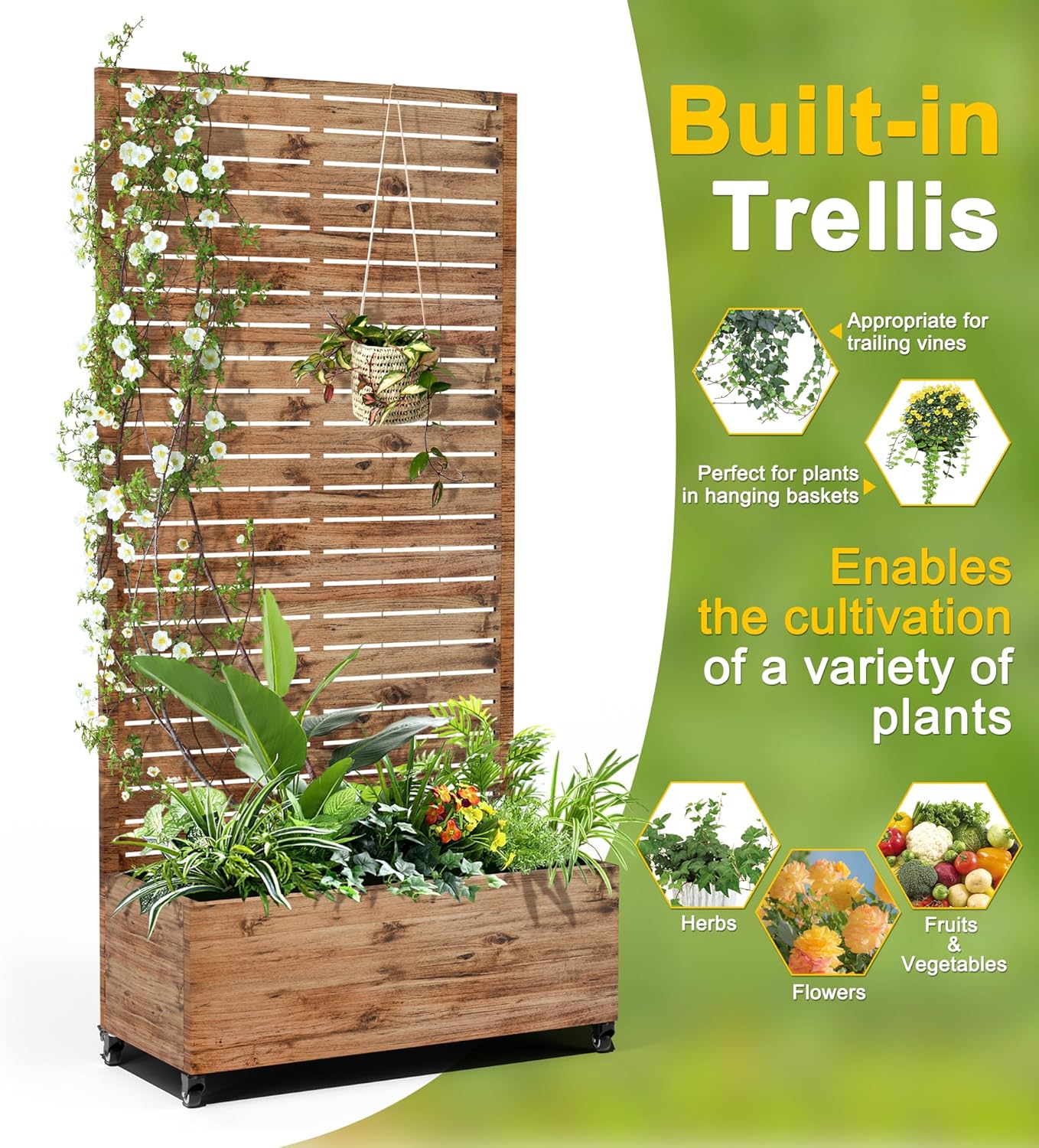 FENCY Metal Raised Garden Bed with Wheels and Trellis,73"x35"x16" Planter Box for Climbing Plants, Vegetables & Vines, Features Privacy Screen and Drainage Holes (Wood Color)