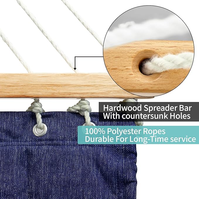 Double Quilted Fabric Hammock with Hardwood Spreader Bars and Pillow 450 LBS Capacity 2 Person Large Hammock for Outdoor Patio Backyard Poolside - Dark Blue