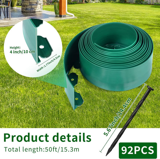 4 in x 50 Ft Garden Landscape Edging, No Dig Garden Edging Border Kit with 92 Pcs Spikes for Flower Bed Lawn Yard Grass Green