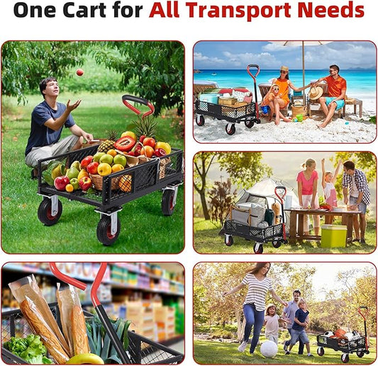 GarveeLife 360 LBS Foldable Steel Garden Cart, Yard & Garden Utility Wagon w Removable Mesh Sides, Collapsible Metal Utility Wagon Cart with 180° Rotating Handle for Garden, Farm, Yard