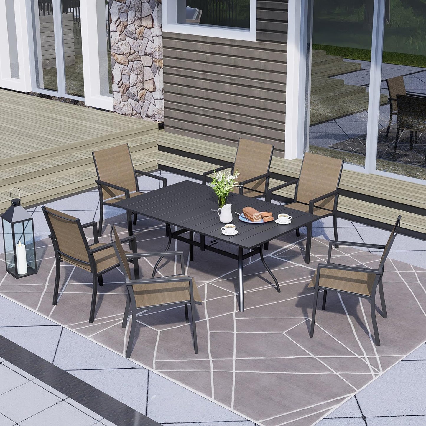 Outdoor Patio Table for 6 Person, Patio Dining Rectangle Table with 1.57" Umbrella Hole for Garden Lawn Backyard Parties, Black Metal Frame 63" L x 38" W x 28" H