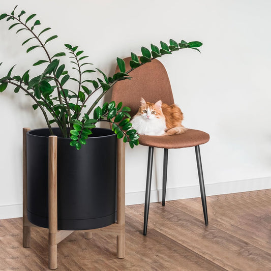 D'vine Dev Planter Pot with Stand - 16 Inch Plastic Cylinder Flower Pot with Wood Planter Holder for Indoor, Matte Black Pot + Natural Stand, 55-C-Y-2