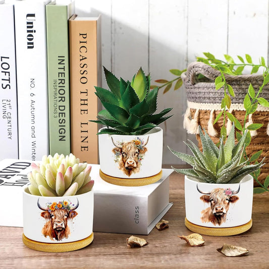 Highland Cow Succulent Pots 3 Pack, 3 Inch Succulent Planters with Drainage and Bamboo Tray, Highland Cow Gifts for Women, Ceramic Small Pots for Baby Plants, Cactus, Herbs- Plants Not Included