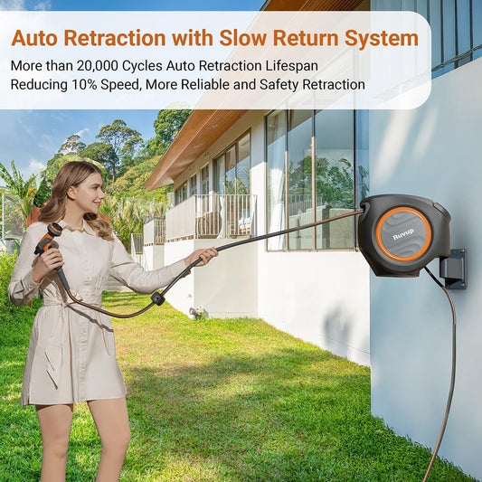 Ruvup Retractable Garden Hose Reel, 5/8in x 100ft Water Hose Reel with Metal Bracket, UV Resistant Automatic Hose Reel Wall Mount for Outside, Slow Retraction Any Length Lock 10 Spray Nozzle