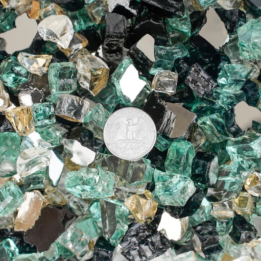 Mr. Fireglass 10 Pounds Blended Fire Glass - 1/4 Inch Mixed Colored High Luster Reflective Tempered Fireglass Rocks for Fireplace Fire Pit Table and Landscaping, Light Green+Onyx Black+Platinum