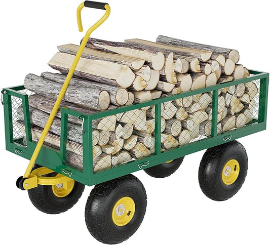 900 Lbs Garden Wagon, 2-in-1 Heavy-Duty Steel Garden Cart, with 10 Inch All-Terrain Tires and Removable Mesh Side Panels, 180° Rotating Handle, Metal Multi-Function Carts, Outdoor Gardens Wagon Cart