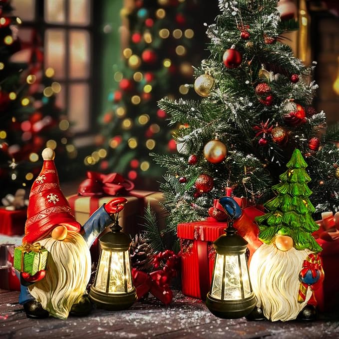 Solar Christmas Gnome Garden Decor Xmas Tree Gnome Outdoor Statue with LED Lantern - Winter Gnome Christmas Holiday Porch Patio Yard Home Decor Gifts for Mom Women, Xmas Tree Gnome