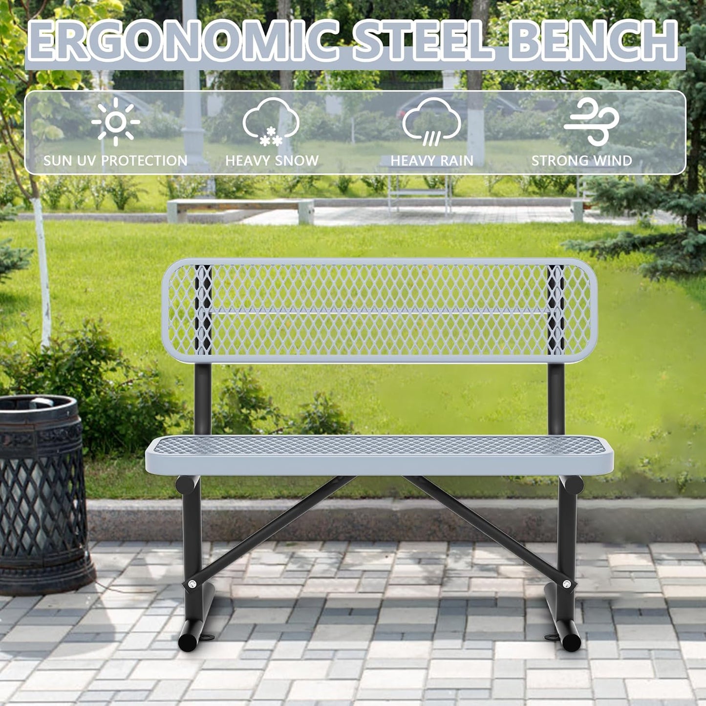 Heavy Duty Park Bench with Back Portable Frame, Outdoor Steel Bench with Backrest, Outdoor Park Bench Expanded Metal Mesh Bench for Lawn, Park, Deck, Garden, Patio, Porch, Black (Gray, 4FT)