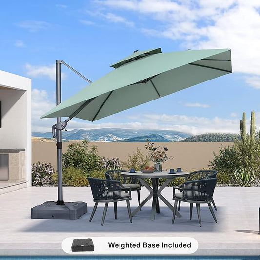 PURPLE LEAF 10 FT Cantilever Patio Umbrella Outdoor Umbrella with 220lbs Base Large Square Windproof Offset Umbrella for Pool Deck Garden, Mint Green