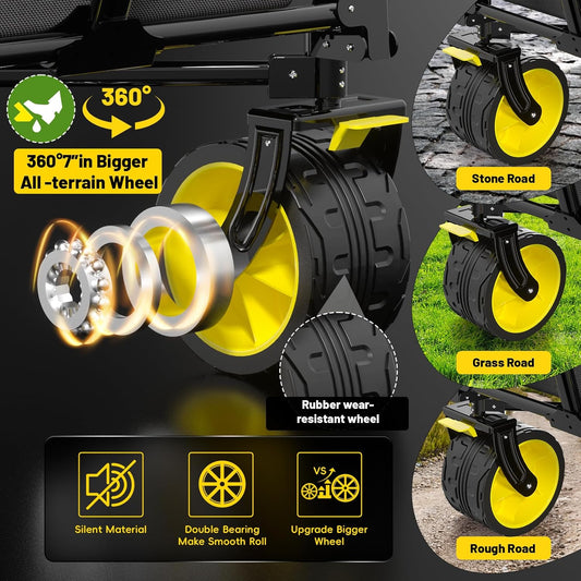 Collapsible Extended Wagon with Big All-Terrain Wheels 350LB& Oversized Outdoor Heavy Duty Utility Garden Cart Foldable Large Beach Wagon for Sand Fishing Camping Portable Grocery Pull Cart