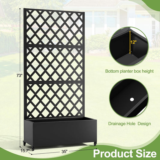 Metal Planter Trellis Box with Wheels & Drain Plug Outdoor Raised Garden Bed Patio Privacy Screen with Planter for Climbing Plants, Vegetables 73"x35"x16" Black-Diamond