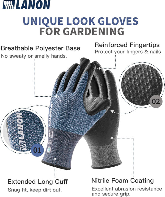 LANON Gardening Gloves for Men Women, 2 Pairs Nitrile Coated Garden Gloves with Grip, Breathable B.COMB AIR Technique, Dusty Olive & Bluebird, Large