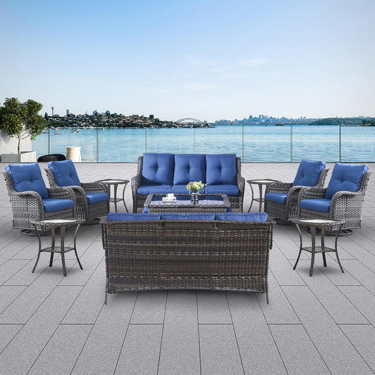 Wicker Patio Furniture Sets - 13 Piece Outdoor Rattan Furniture Conversation Sets with 4 Swivel Rocker Chairs, 2 Rattan Sofas, Wicker Ottomans and Coffee Table, Mixed Grey/Blue