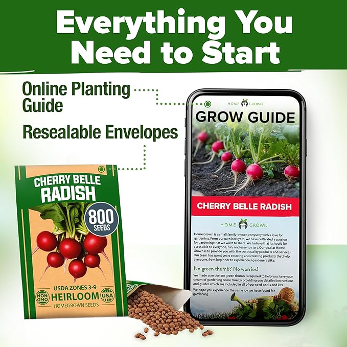 HOME GROWN π¨π¦π π£π₯ππ ππ¨π Cherry Belle Radish Seeds 800+ π‘π’π‘-ππ π’ Heirloom Vegetable Seeds for Planting Outdoors Harvest in 30 Days Red Radishes, Spring and Fall Gardens (Raphanus Sativus)